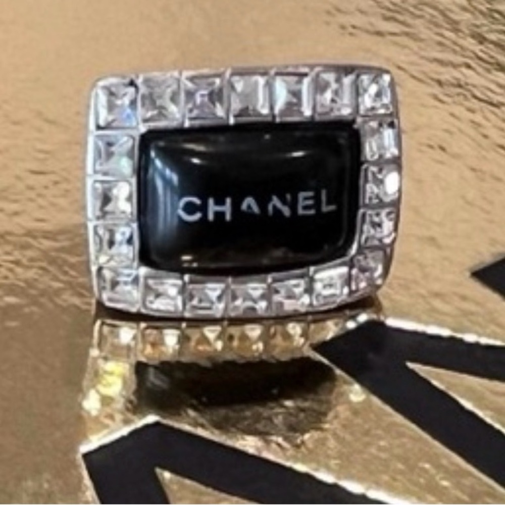 CHANEL Vintage Resin & Strass Logo Ring Size 6 Black/Silver